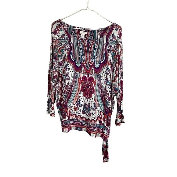 Chicos Top Women L Pink Floral Pullover Paisley Tie Waist Summer Feminine Retro - Picture 1 of 14